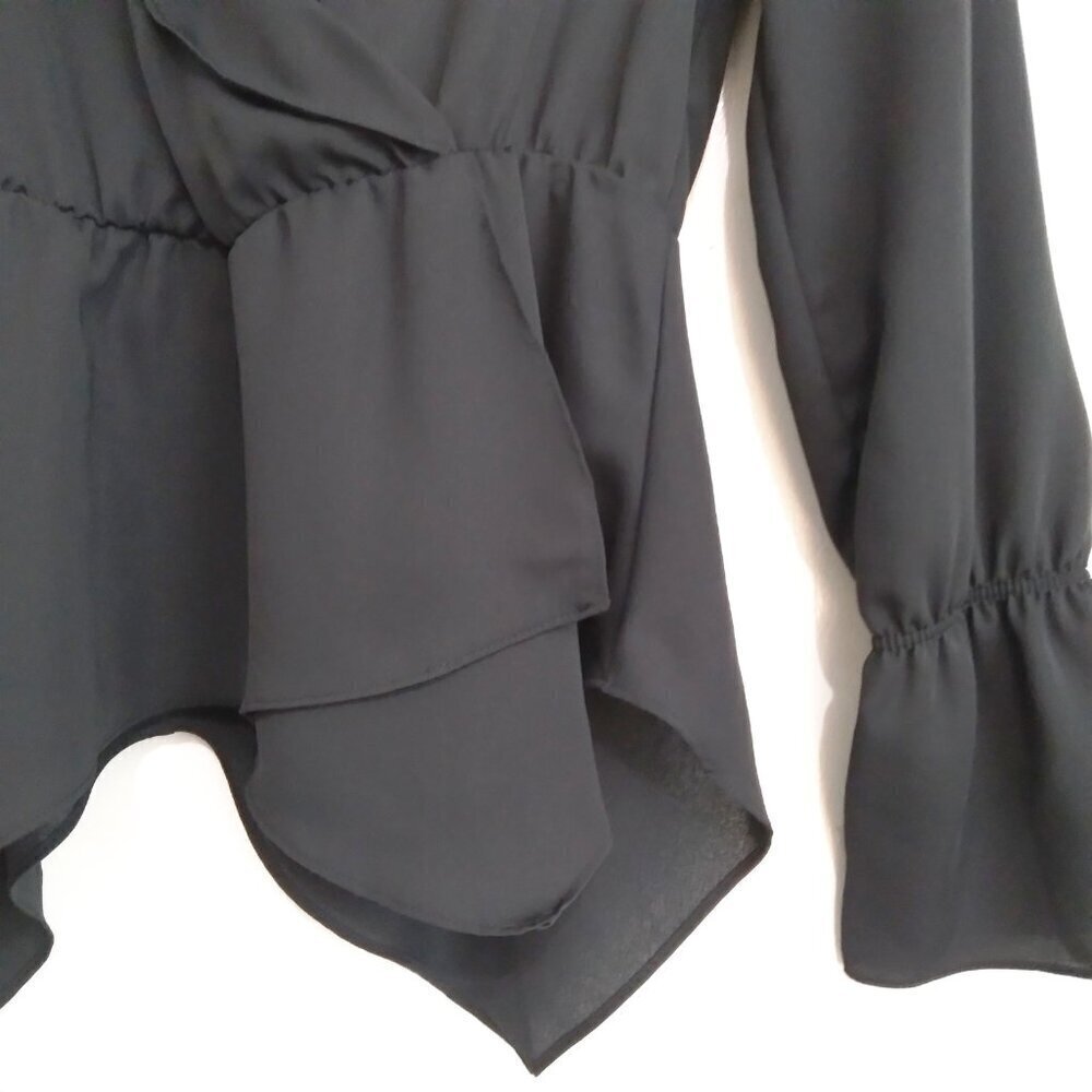Black Long Sleeve Top Ruffled Low Neck&Cuffs Layers of Pointed Cuts on Hem Sz S - Picture 5 of 12